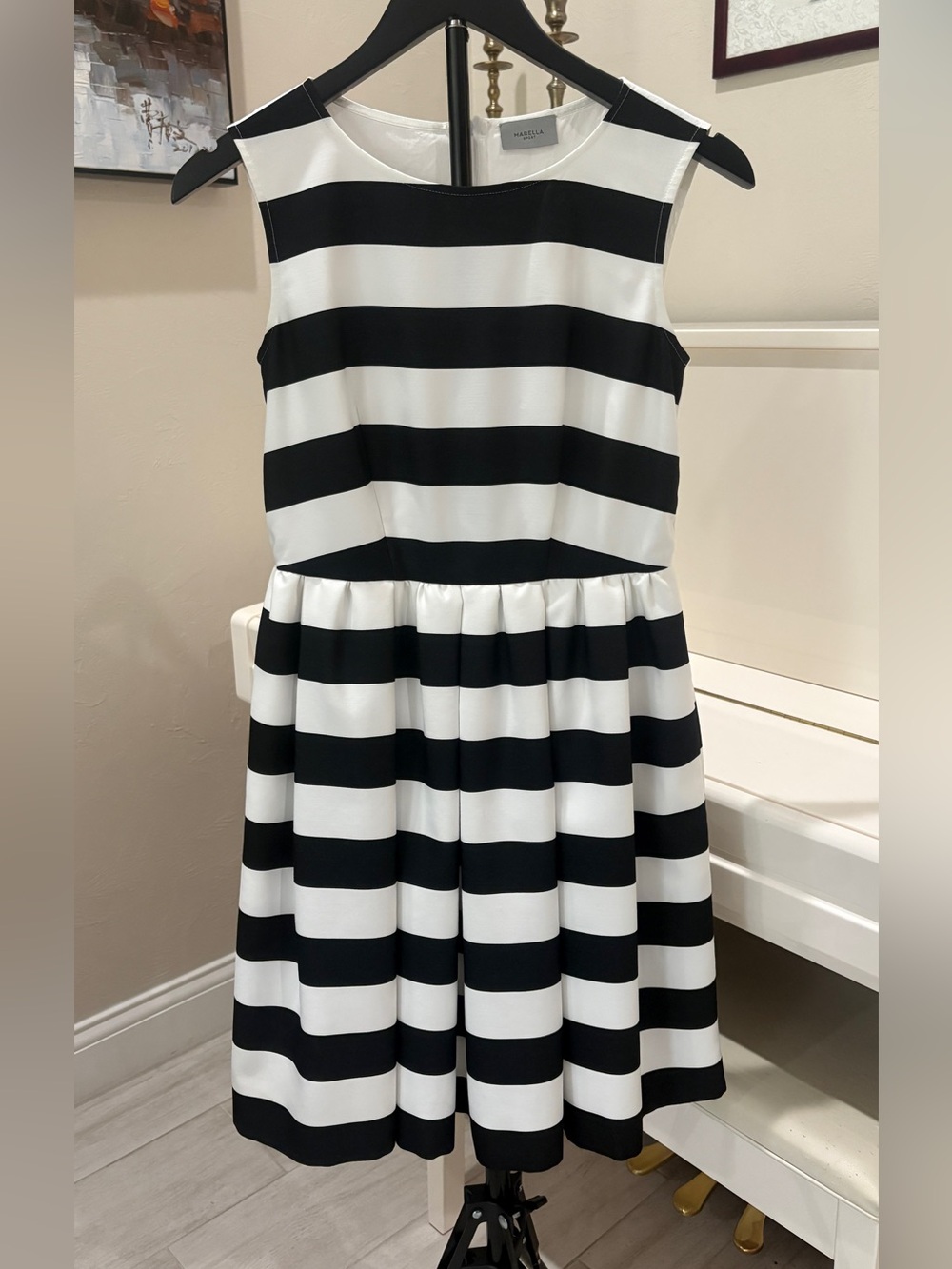 Marella Sport Black & White Striped Fit-and-Flare Dress